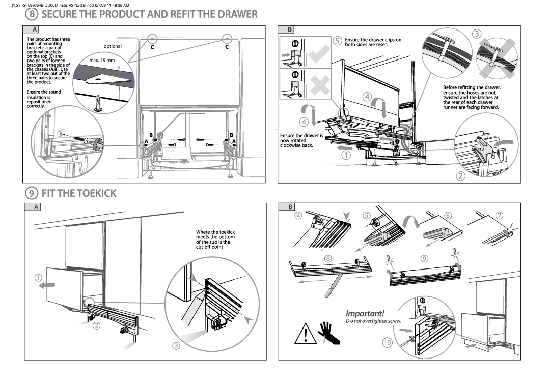 Fisher & Paykel DD60D manual 8SECURE THE PRODUCT AND REFIT THE DRAWER, 9FIT THE TOEKICK, 1 2 3, Bb A A, optional 