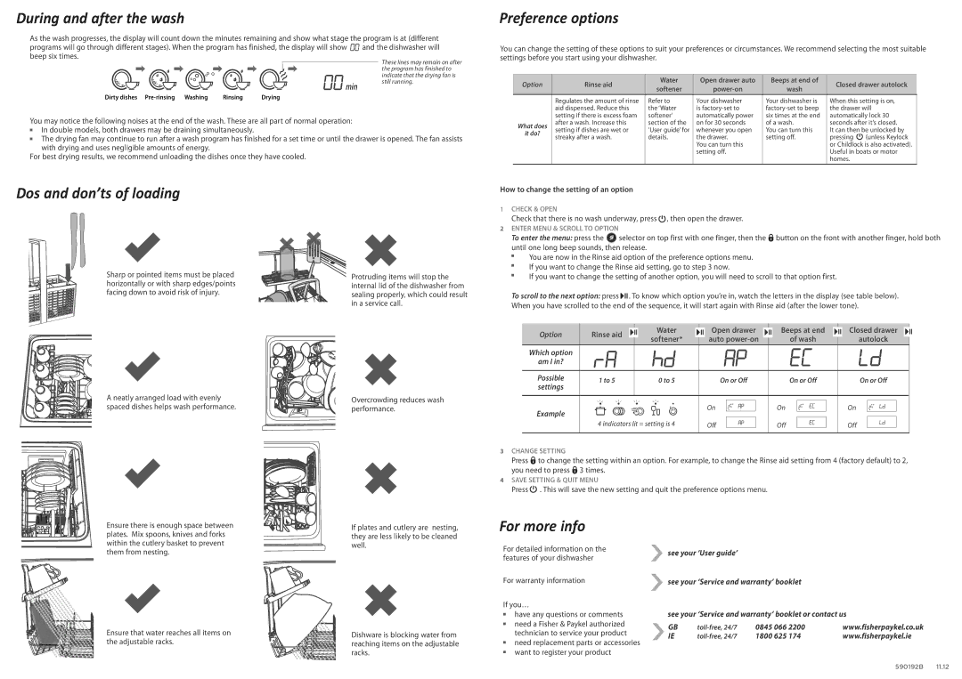 Fisher & Paykel DD60DCHW7 manual During and after the wash, Dos and don’ts of loading, Preference options, For more info 