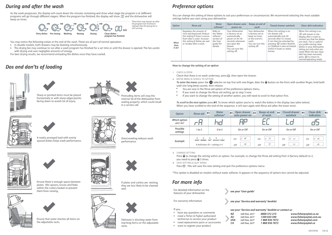 Fisher & Paykel DD24DC(T)B7 During and after the wash, Dos and don’ts of loading, Preference options, For more info 