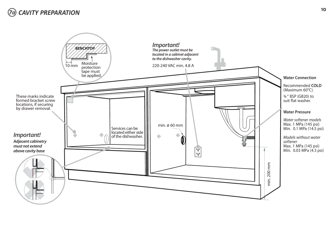 Fisher & Paykel DD60ST 7, DD60S 7 7a Cavity Preparation, Moisture 10 mm protection Tape must be applied 