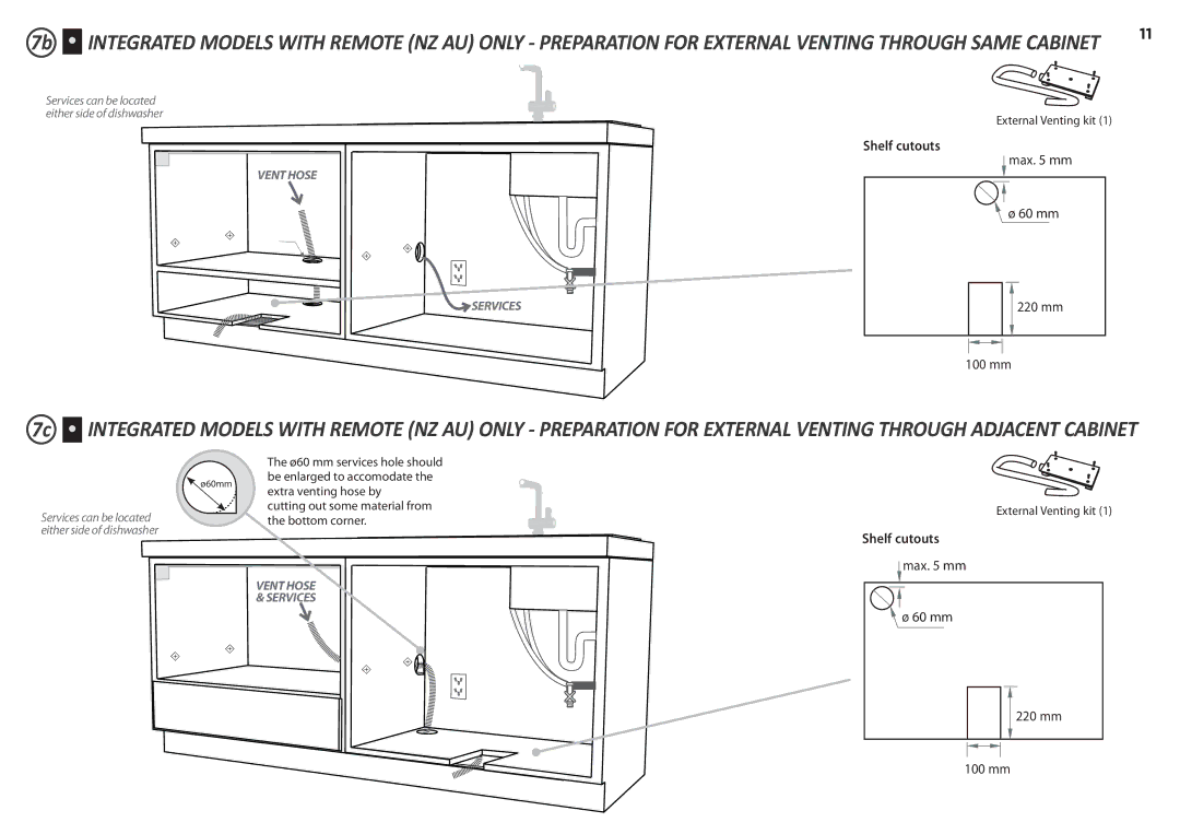 Fisher & Paykel DD60S 7, DD60ST 7 installation instructions Shelf cutouts 