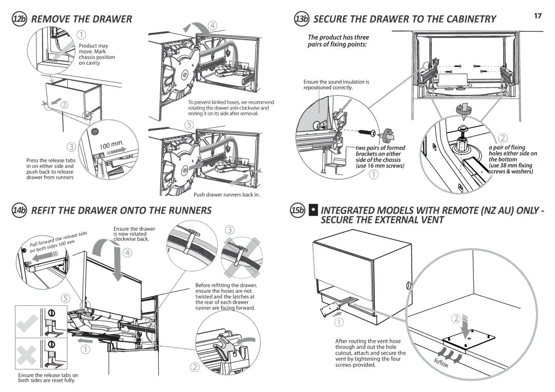 Fisher & Paykel DD60S 7, DD60ST 7 14b Refit the Drawer Onto the Runners, 15b Integrated Models with Remote NZ AU only 