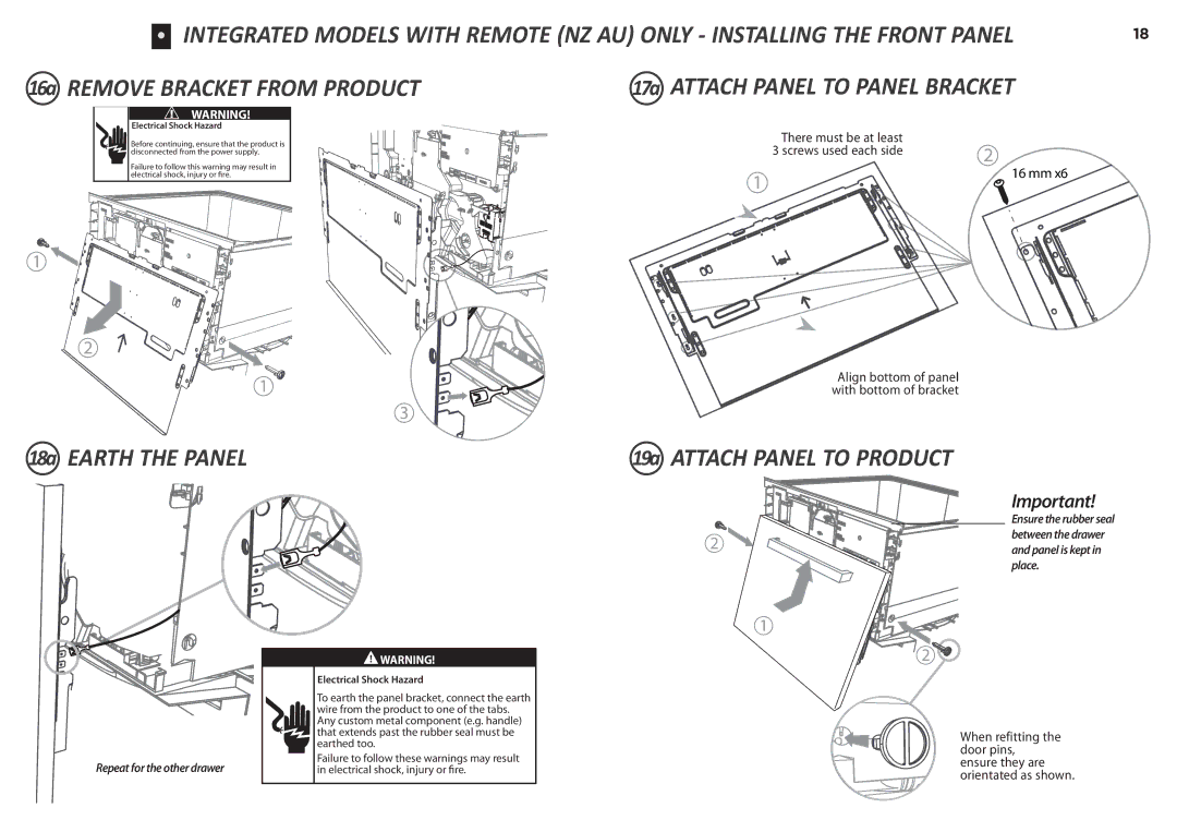 Fisher & Paykel DD60ST 7, DD60S 7 installation instructions 18a Earth the Panel 19a Attach Panel to Product 