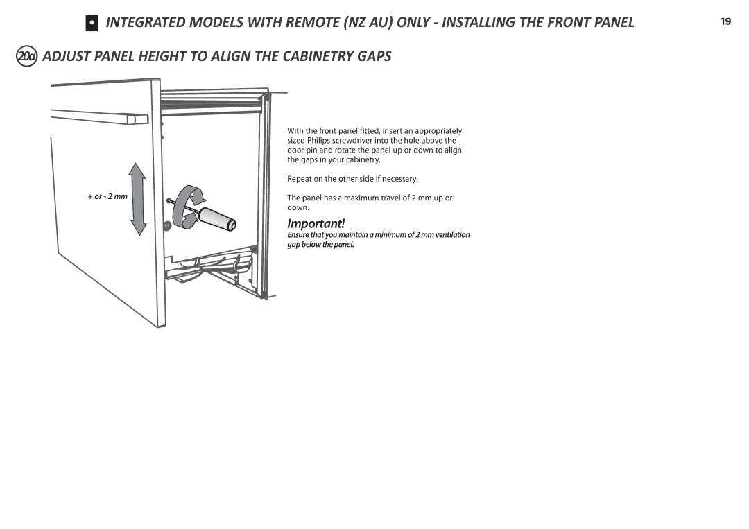 Fisher & Paykel DD60S 7, DD60ST 7 installation instructions 20a Adjust Panel Height to Align the Cabinetry Gaps 