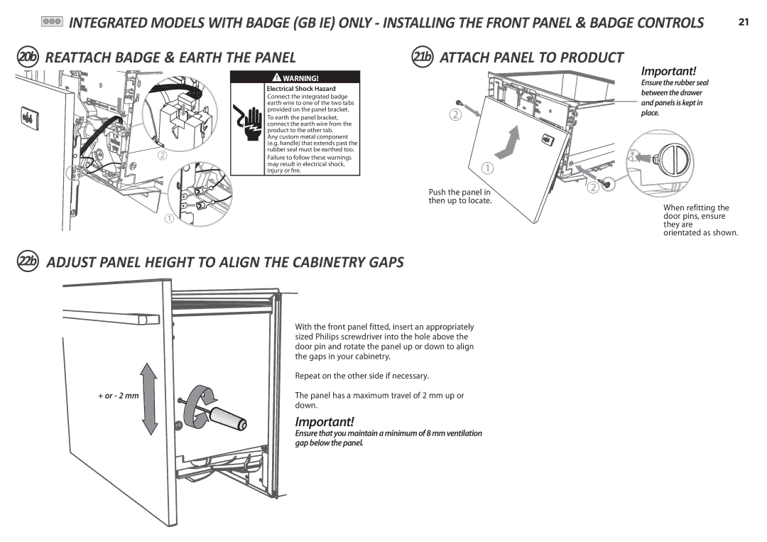 Fisher & Paykel DD60S 7, DD60ST 7 installation instructions 22b Adjust Panel Height to Align the Cabinetry Gaps, Place 