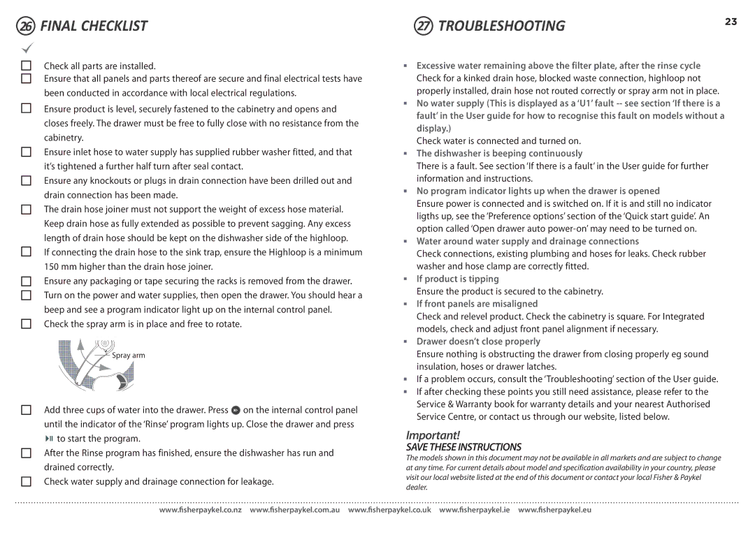 Fisher & Paykel DD60S 7, DD60ST 7 installation instructions Final Checklist, Troubleshooting 