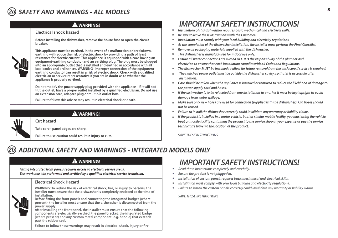 Fisher & Paykel DD60S 7 2a Safety and Warnings ALL Models, 2b Additional Safety and Warnings Integrated Models only 