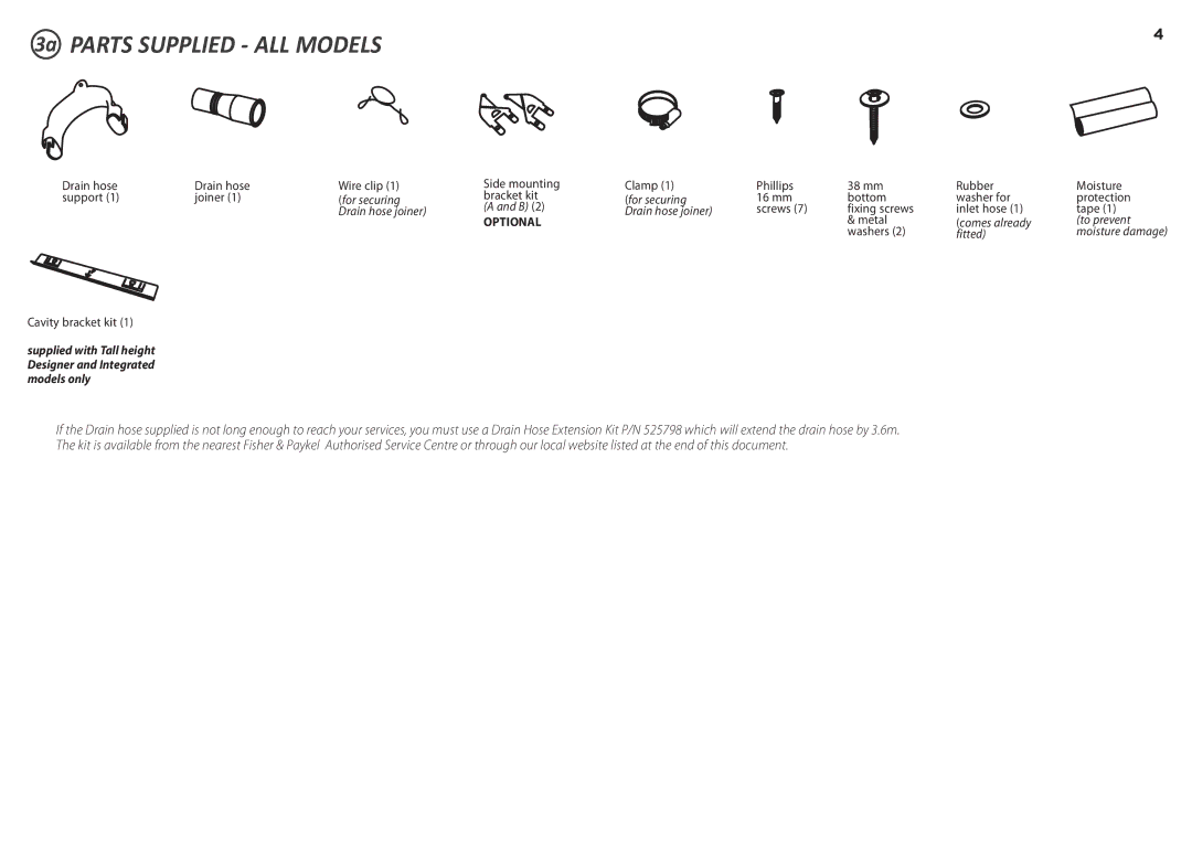 Fisher & Paykel DD60ST 7, DD60S 7 installation instructions 3a Parts Supplied ALL Models, Optional 