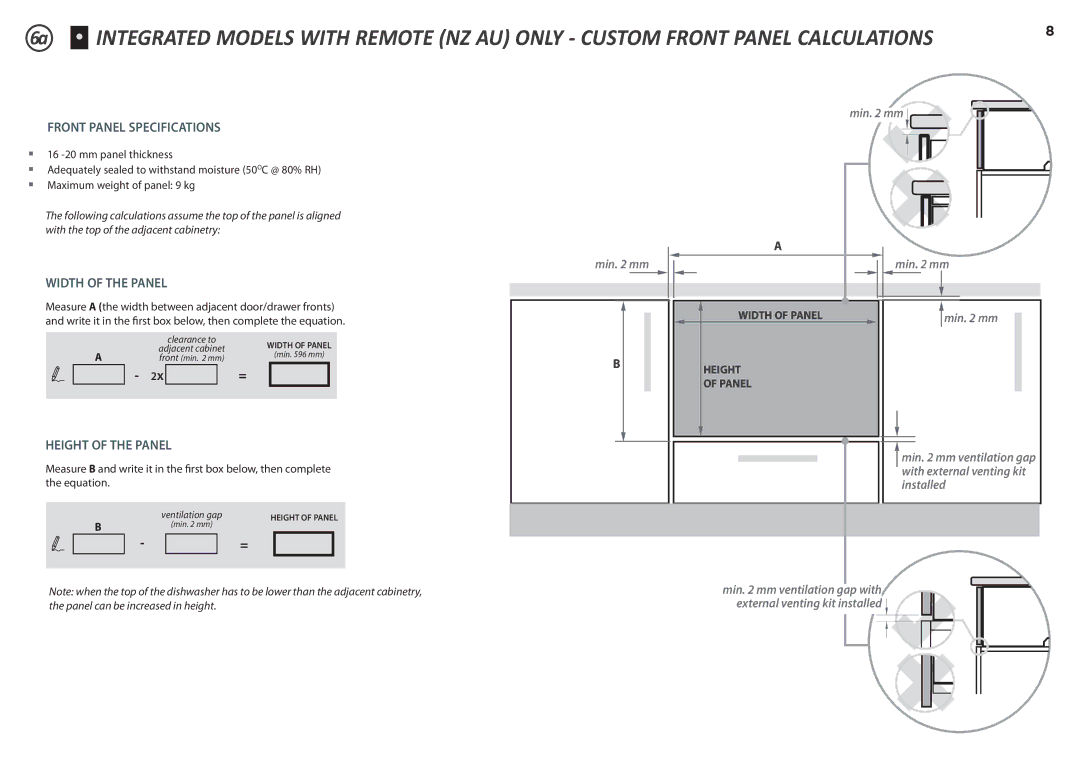 Fisher & Paykel DD60ST 7, DD60S 7 installation instructions Front Panel Specifications 