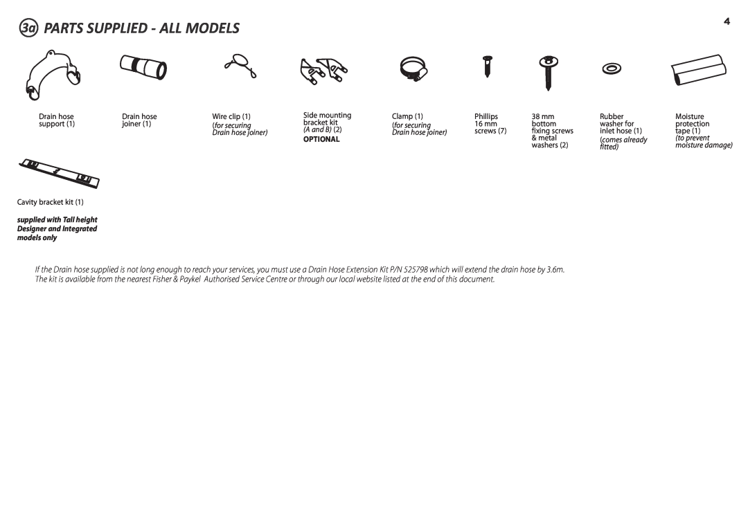 Fisher & Paykel DD60ST 7, DD60S 7 installation instructions 3a PARTS SUPPLIED - ALL MODELS, Optional 