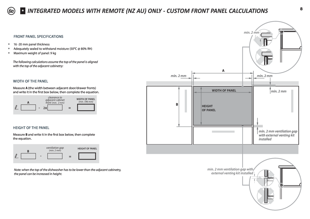 Fisher & Paykel DD60ST 7, DD60S 7 Front Panel Specifications, Width Of The Panel, Height Of The Panel, min. 2 mm 