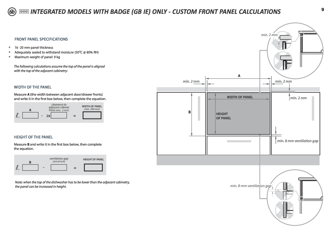 Fisher & Paykel DD60S 7, DD60ST 7 Front Panel Specifications, Width Of The Panel, Height Of The Panel, min. 2 mm 