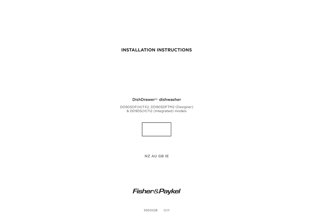 Fisher & Paykel DD90SDF(H)TX2, DD90SDFTM2 manual Installation Instructions 