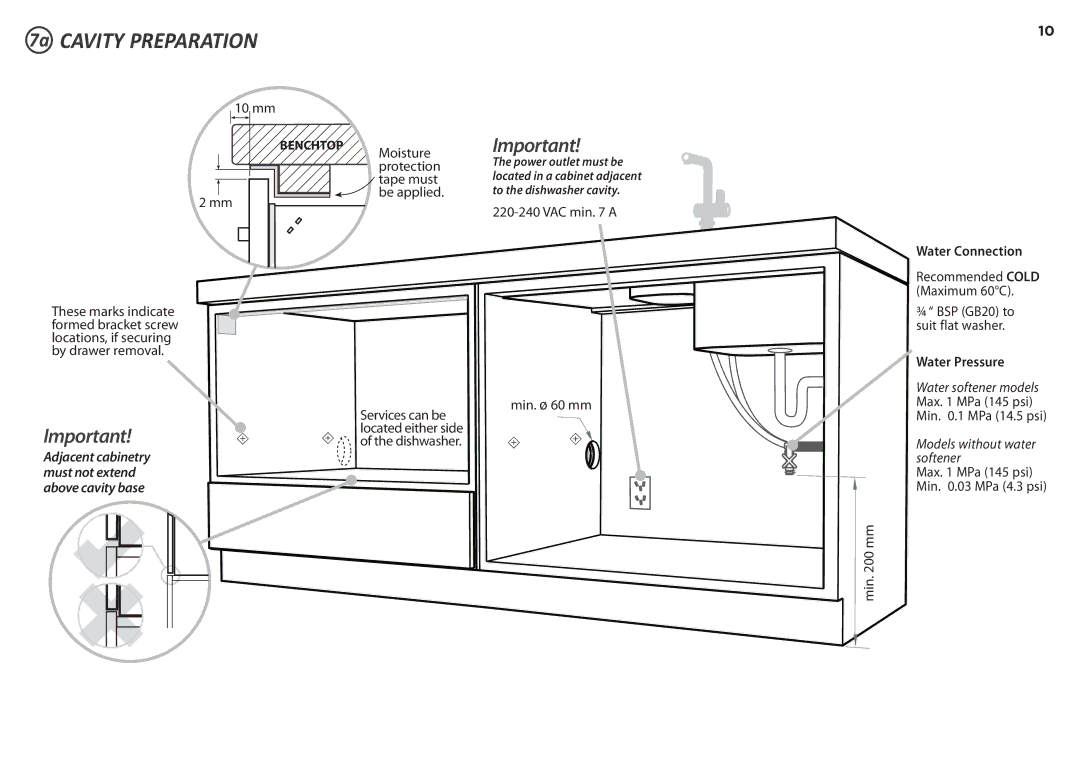 Fisher & Paykel DD90SDFTM2, DD90SDF(H)TX2 manual 7a Cavity Preparation, Water Connection 