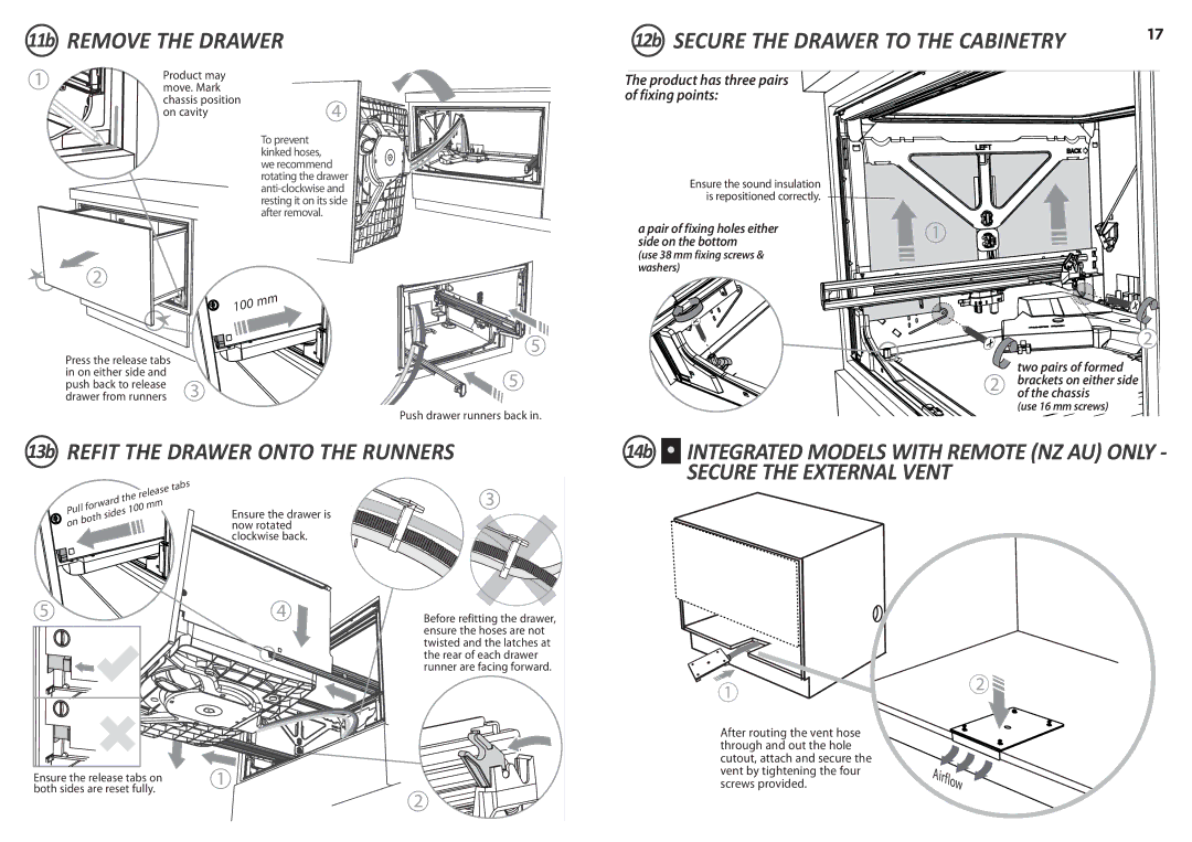 Fisher & Paykel DD90SDF(H)TX2, DD90SDFTM2 manual 11b Remove the Drawer 12b Secure the Drawer to the Cabinetry 