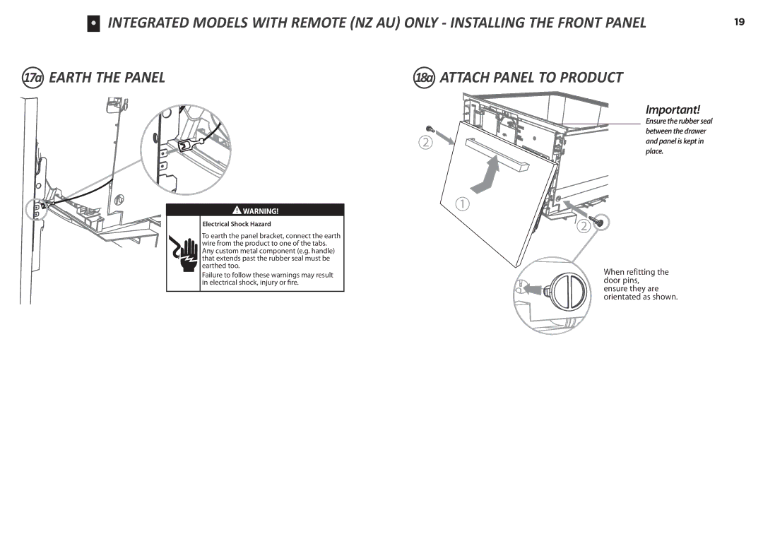 Fisher & Paykel DD90SDF(H)TX2, DD90SDFTM2 manual 17a Earth the Panel 18a Attach Panel to Product 