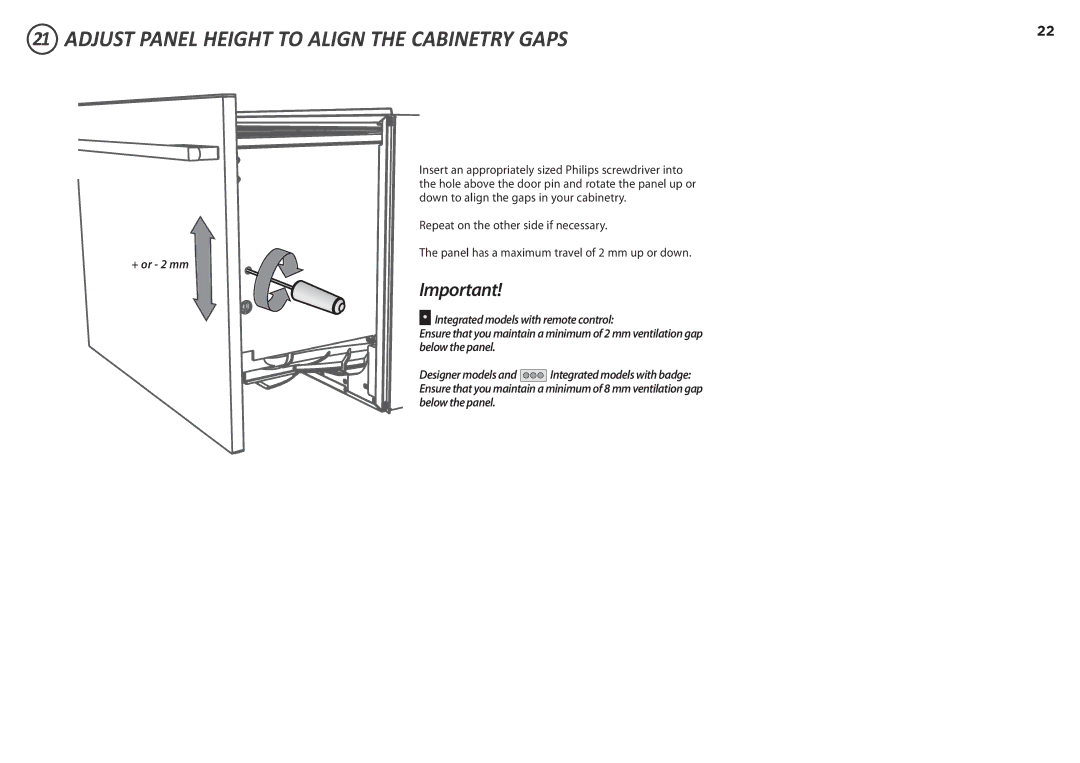 Fisher & Paykel DD90SDFTM2, DD90SDF(H)TX2 manual Adjust Panel Height to Align the Cabinetry Gaps 