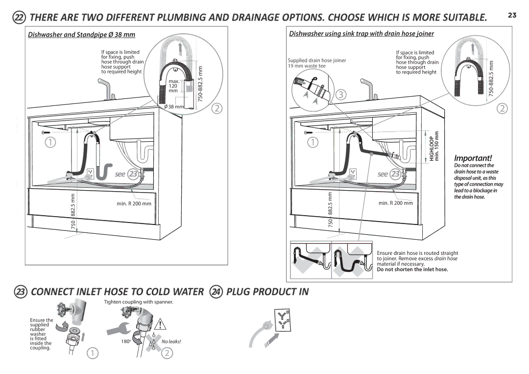 Fisher & Paykel DD90SDF(H)TX2, DD90SDFTM2 manual Connect Inlet Hose to Cold Water 24 Plug Product, To required height 