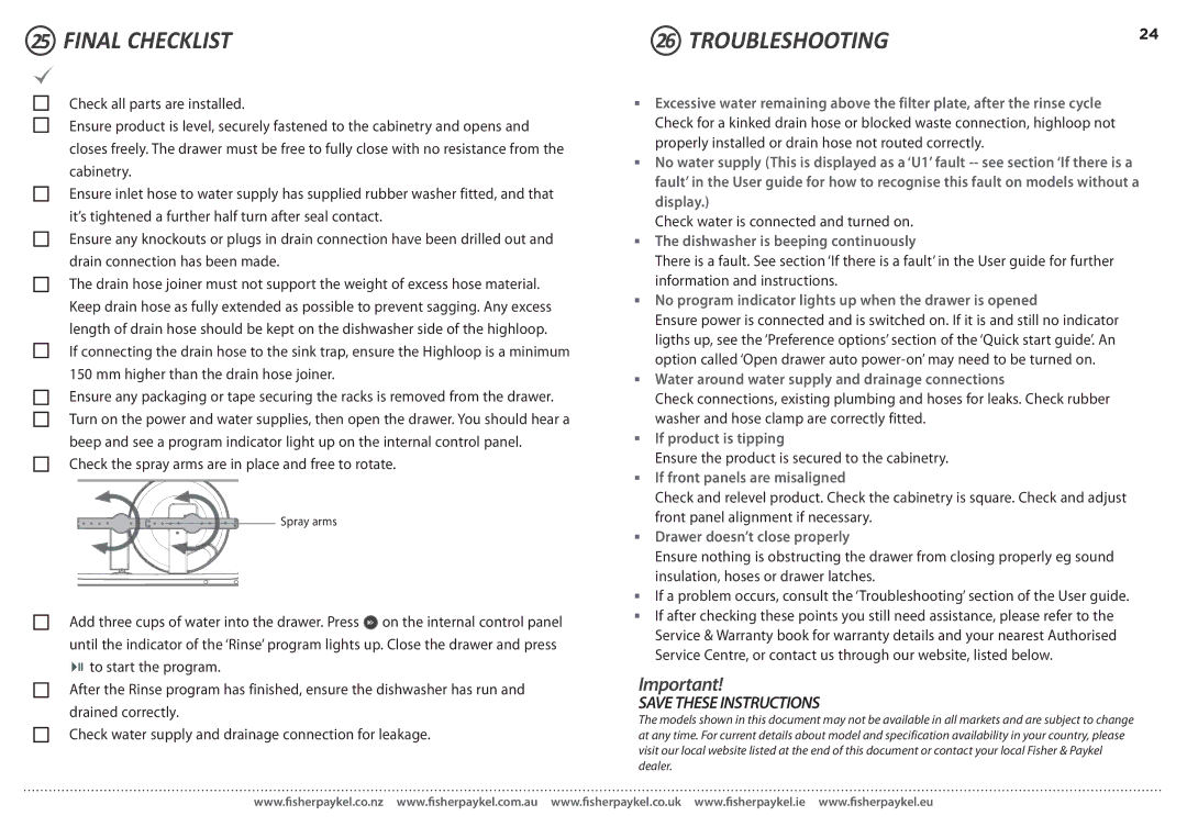 Fisher & Paykel DD90SDFTM2, DD90SDF(H)TX2 manual Final Checklist, Troubleshooting 