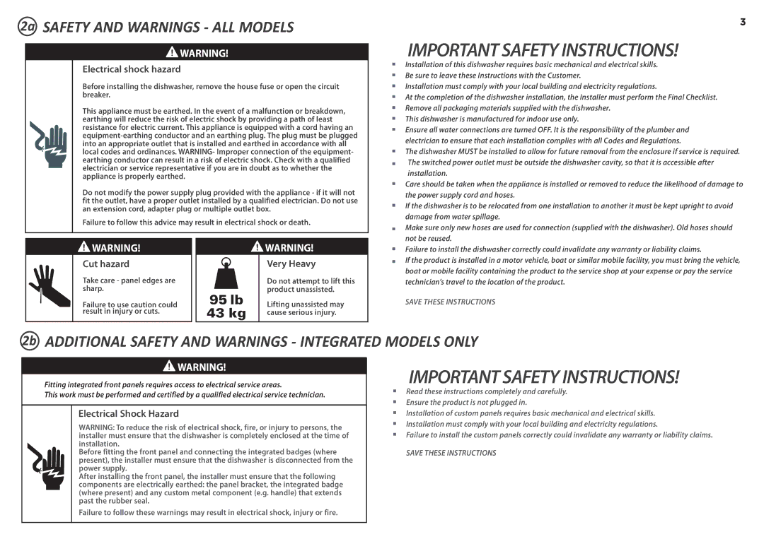 Fisher & Paykel DD90SDF(H)TX2 2a Safety and Warnings ALL Models, 2b Additional Safety and Warnings Integrated Models only 