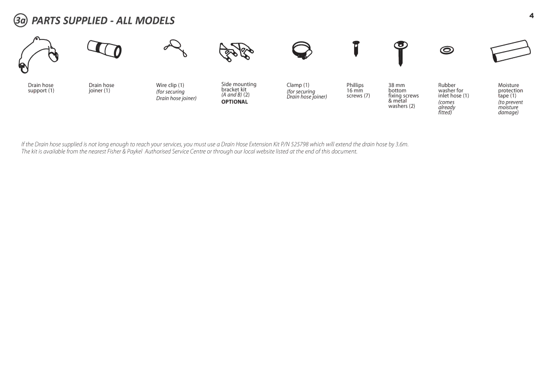 Fisher & Paykel DD90SDFTM2, DD90SDF(H)TX2 manual 3a Parts Supplied ALL Models, Optional 