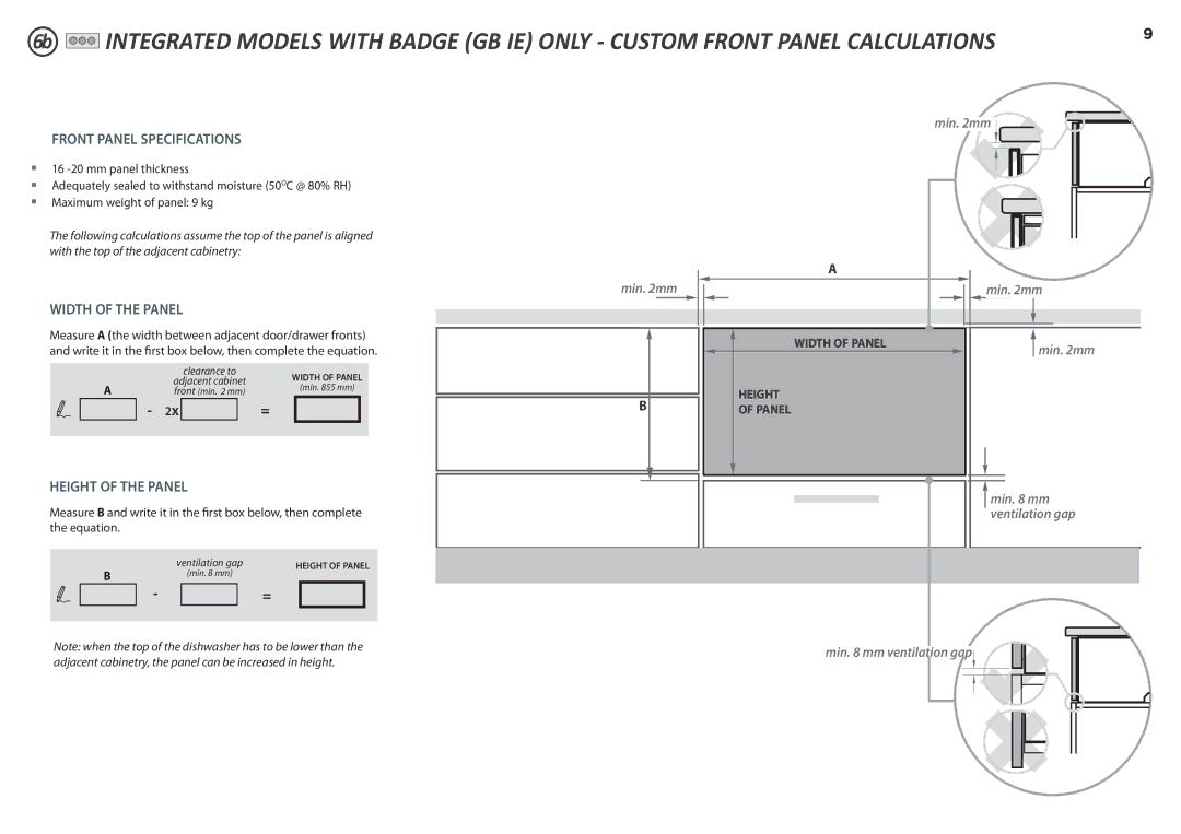 Fisher & Paykel DD90SDF(H)TX2, DD90SDFTM2 manual Min mm ventilation gap 