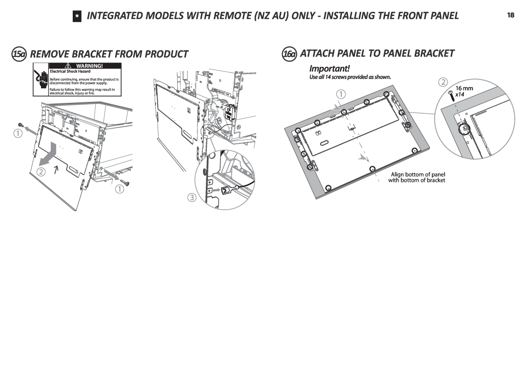Fisher & Paykel DD90SDFTM2, DD90SDF(H)TX2 Integrated Models With Remote Nz Au Only - Installing The Front Panel, 16 mm 