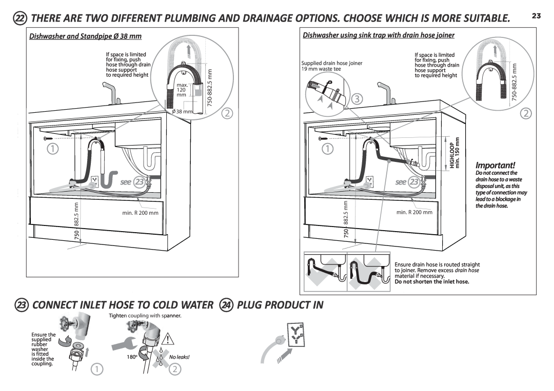 Fisher & Paykel DD90SDF(H)TX2 manual CONNECT INLET HOSE TO COLD WATER 24 PLUG PRODUCT IN, Dishwasher and Standpipe Ø 38 mm 