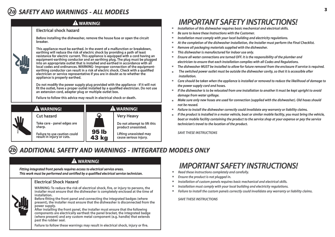 Fisher & Paykel DD90SDF(H)TX2 2a SAFETY AND WARNINGS - ALL MODELS, Important Safety Instructions, 95 lb 43 kg, Cut hazard 