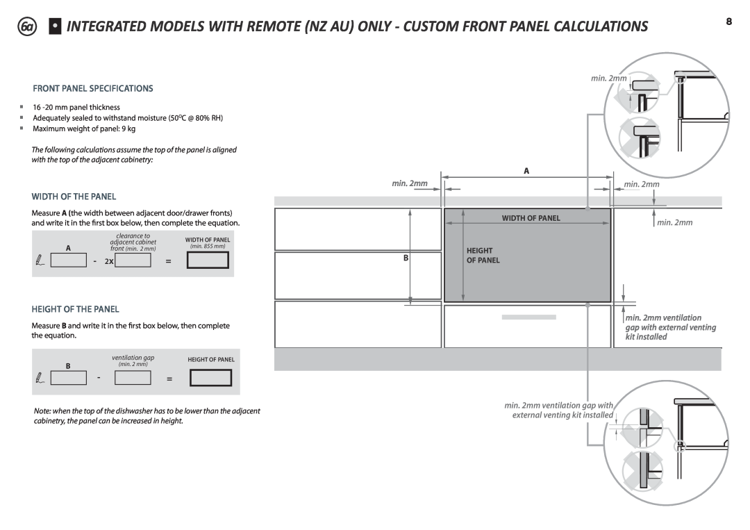 Fisher & Paykel DD90SDFTM2, DD90SDF(H)TX2 Front Panel Specifications, Width Of The Panel, Height Of The Panel, min. 2mm 