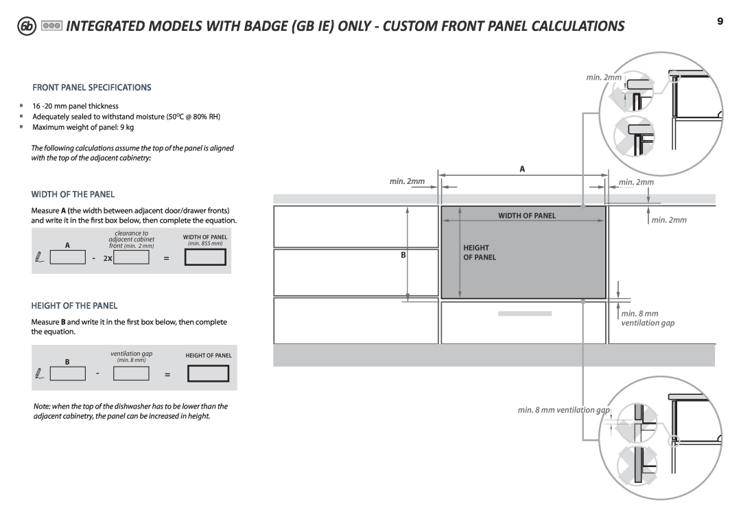 Fisher & Paykel DD90SDF(H)TX2, DD90SDFTM2 Front Panel Specifications, Width Of The Panel, Height Of The Panel, min. 2mm 