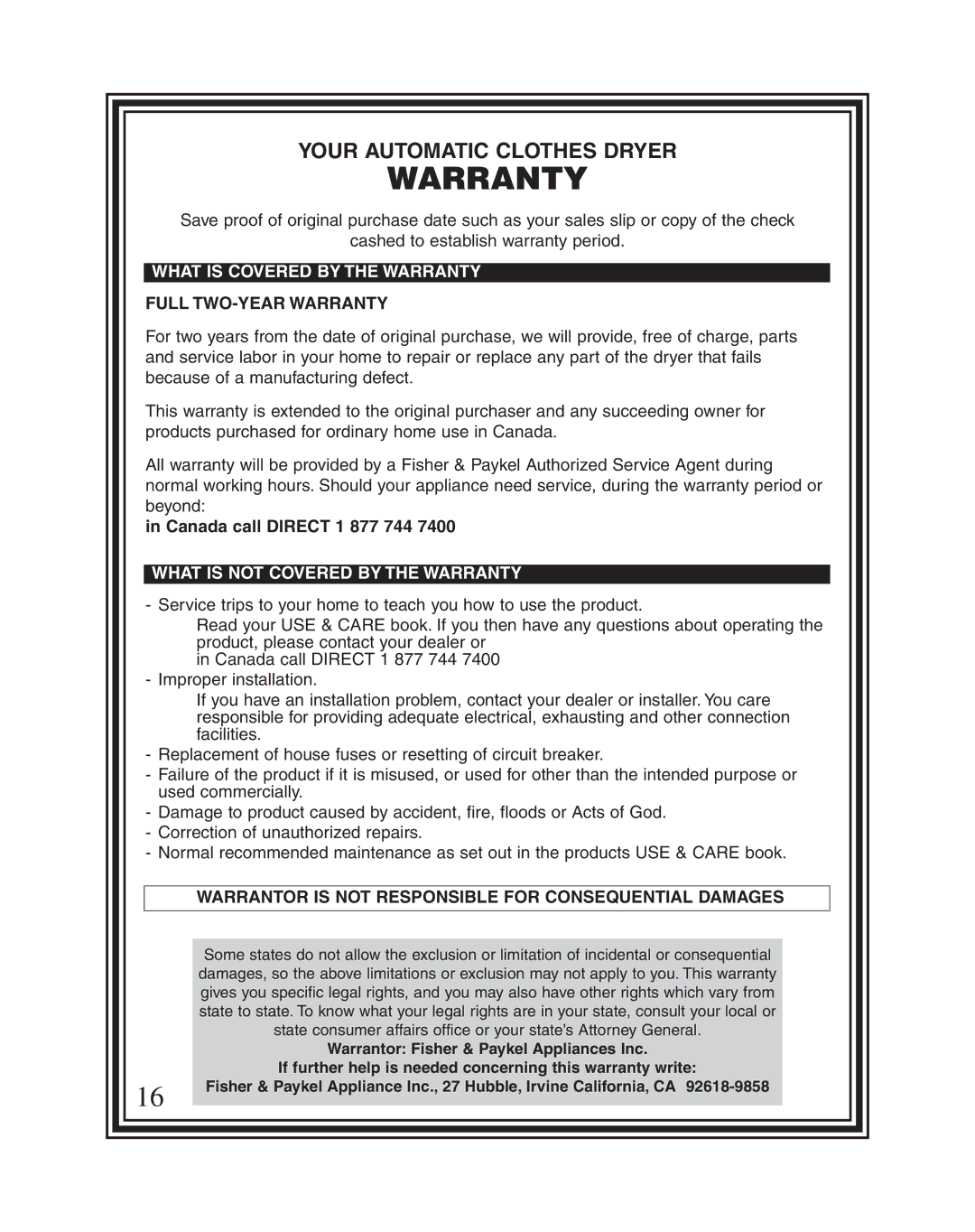 Fisher & Paykel DE08 installation instructions Warranty 