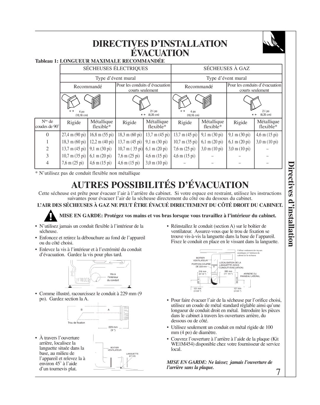 Fisher & Paykel DE08 installation instructions Autres Possibilités D’ÉVACUATION, Tableau 1 Longueur Maximale Recommandée 