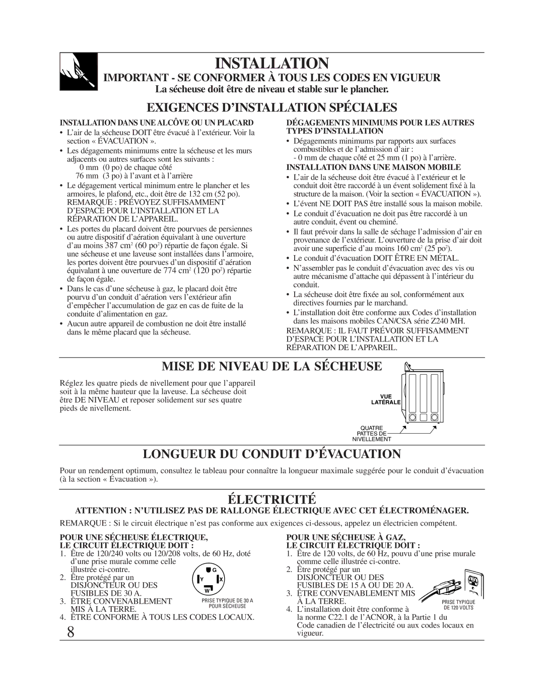 Fisher & Paykel DE08 Installation Dans UNE Alcôve OU UN Placard, Dégagements Minimums Pour LES Autres Types D’INSTALLATION 