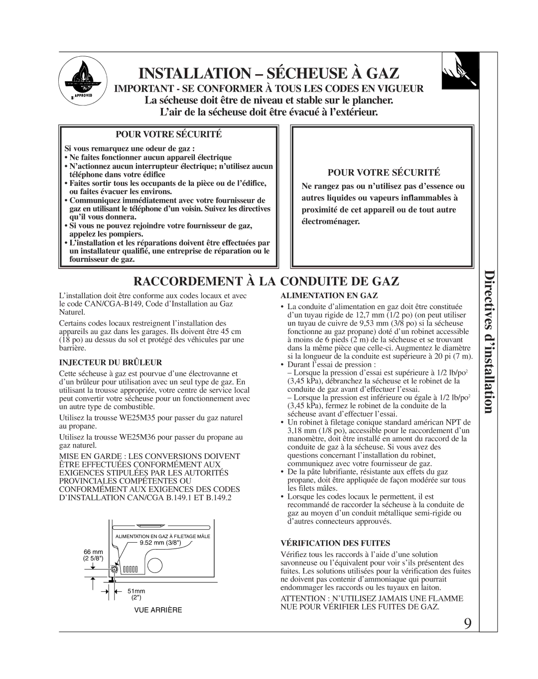 Fisher & Paykel DE08 Installation Sécheuse À GAZ, Injecteur DU Brûleur, Alimentation EN GAZ, Vérification DES Fuites 