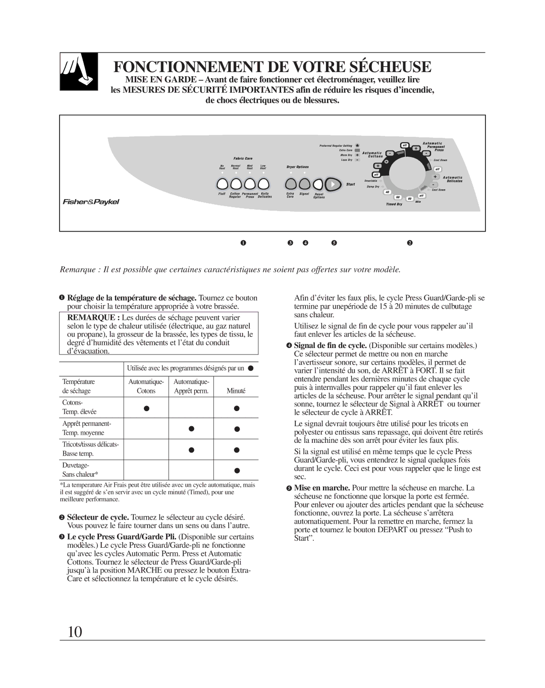 Fisher & Paykel DE08 installation instructions Fonctionnement DE Votre Sécheuse, Basse temp Duvetage Sans chaleur 