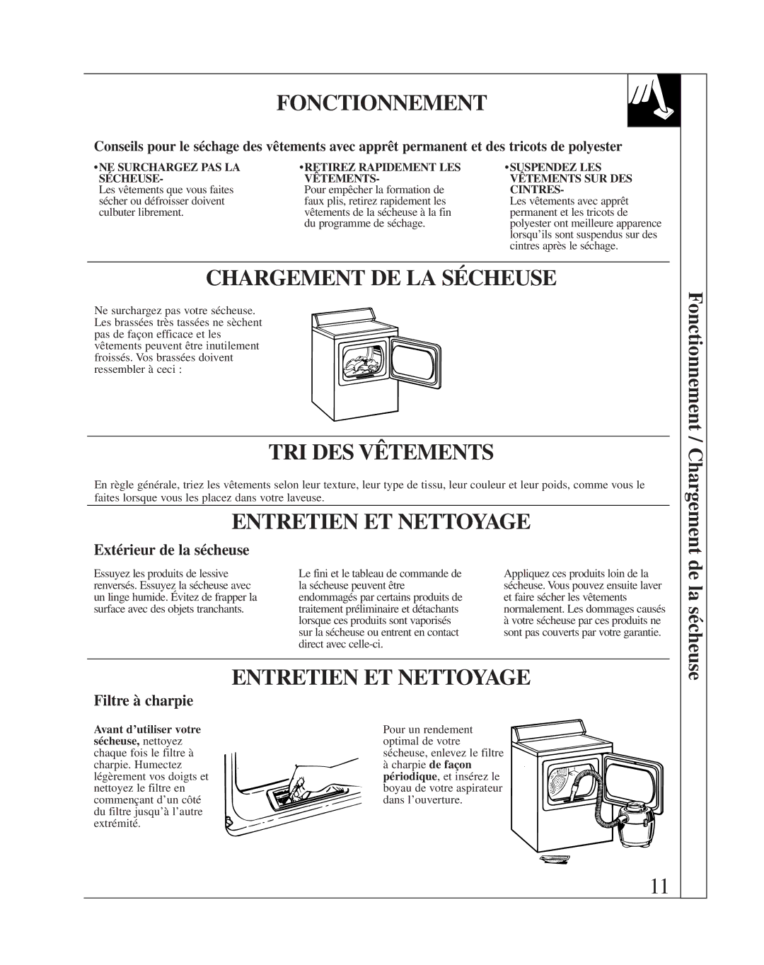 Fisher & Paykel DE08 Fonctionnement, Chargement DE LA Sécheuse, TRI DES Vêtements, Entretien ET Nettoyage 