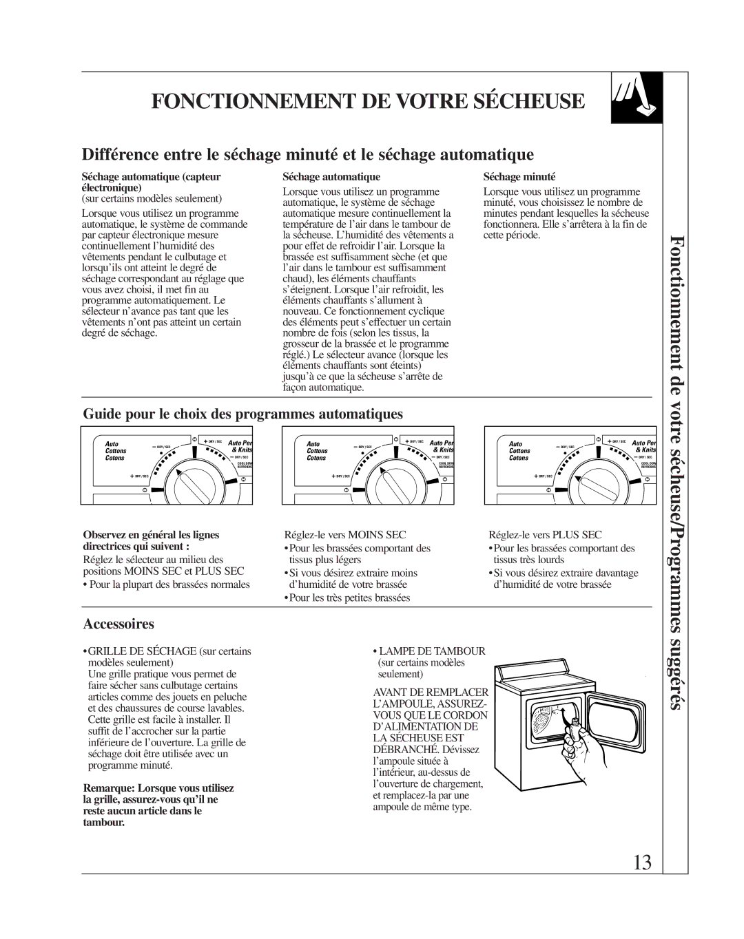 Fisher & Paykel DE08 installation instructions Guide pour le choix des programmes automatiques, Accessoires 