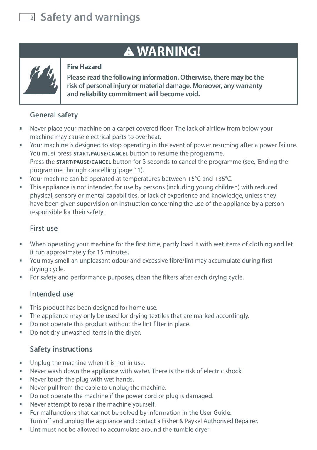 Fisher & Paykel DE60F60NW1 Safety and warnings, General safety, First use, Intended use, Safety instructions 