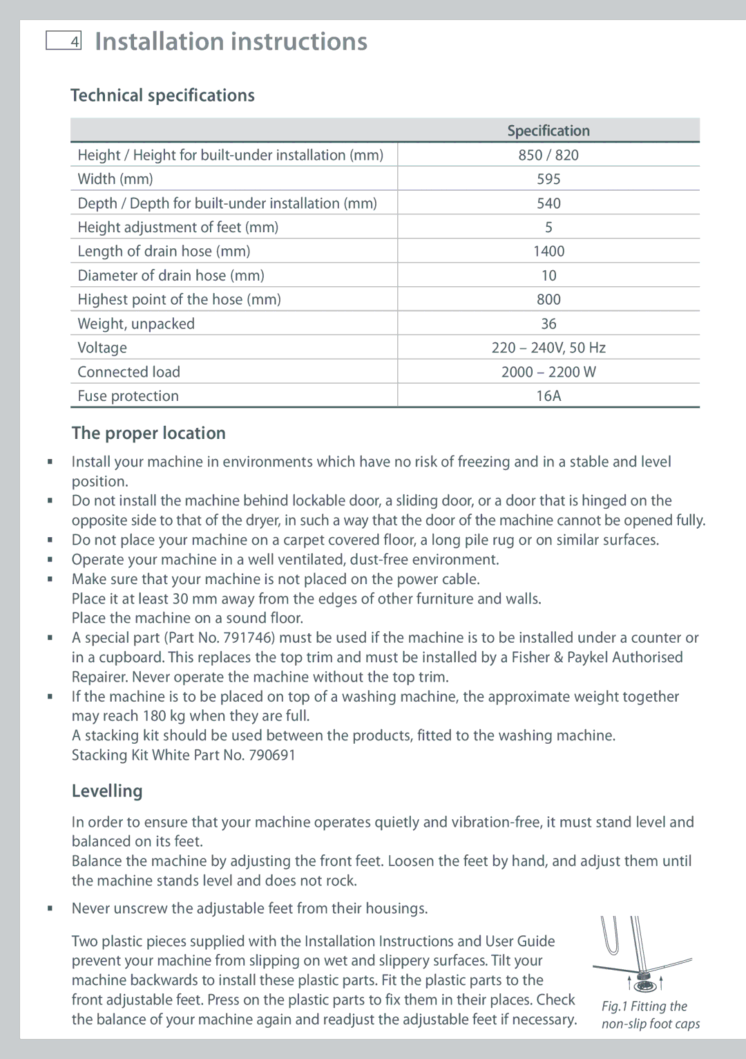 Fisher & Paykel DE60F60NW1 Installation instructions, Technical specifications, Proper location, Levelling 