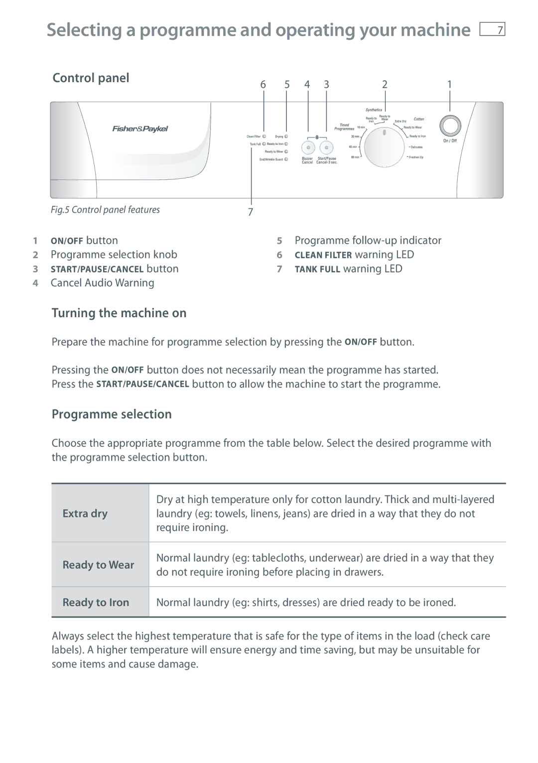 Fisher & Paykel DE60F60NW1 installation instructions Control panel, Turning the machine on, Programme selection 