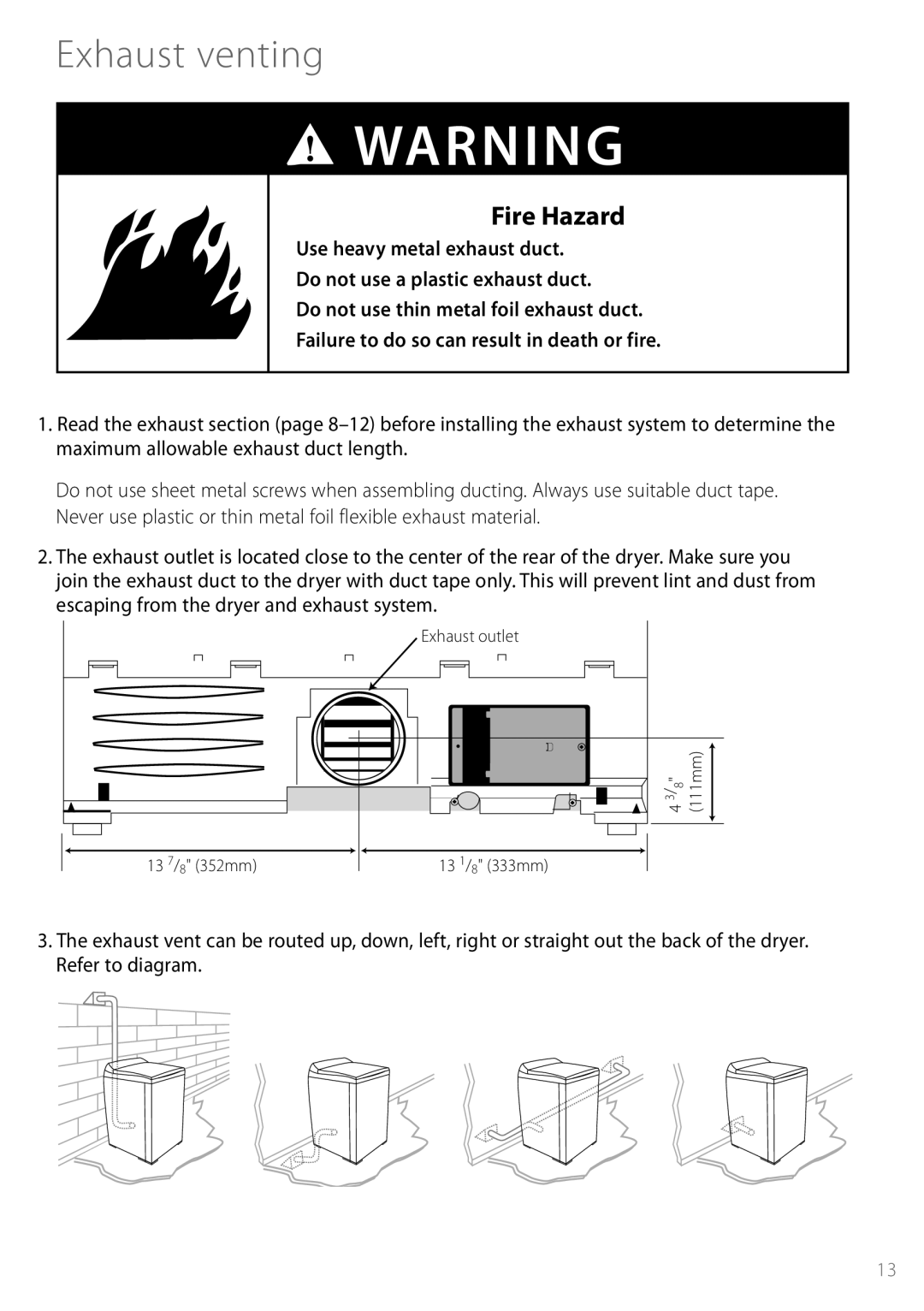 Fisher & Paykel DEGX1US installation instructions Exhaust venting, Fire Hazard 