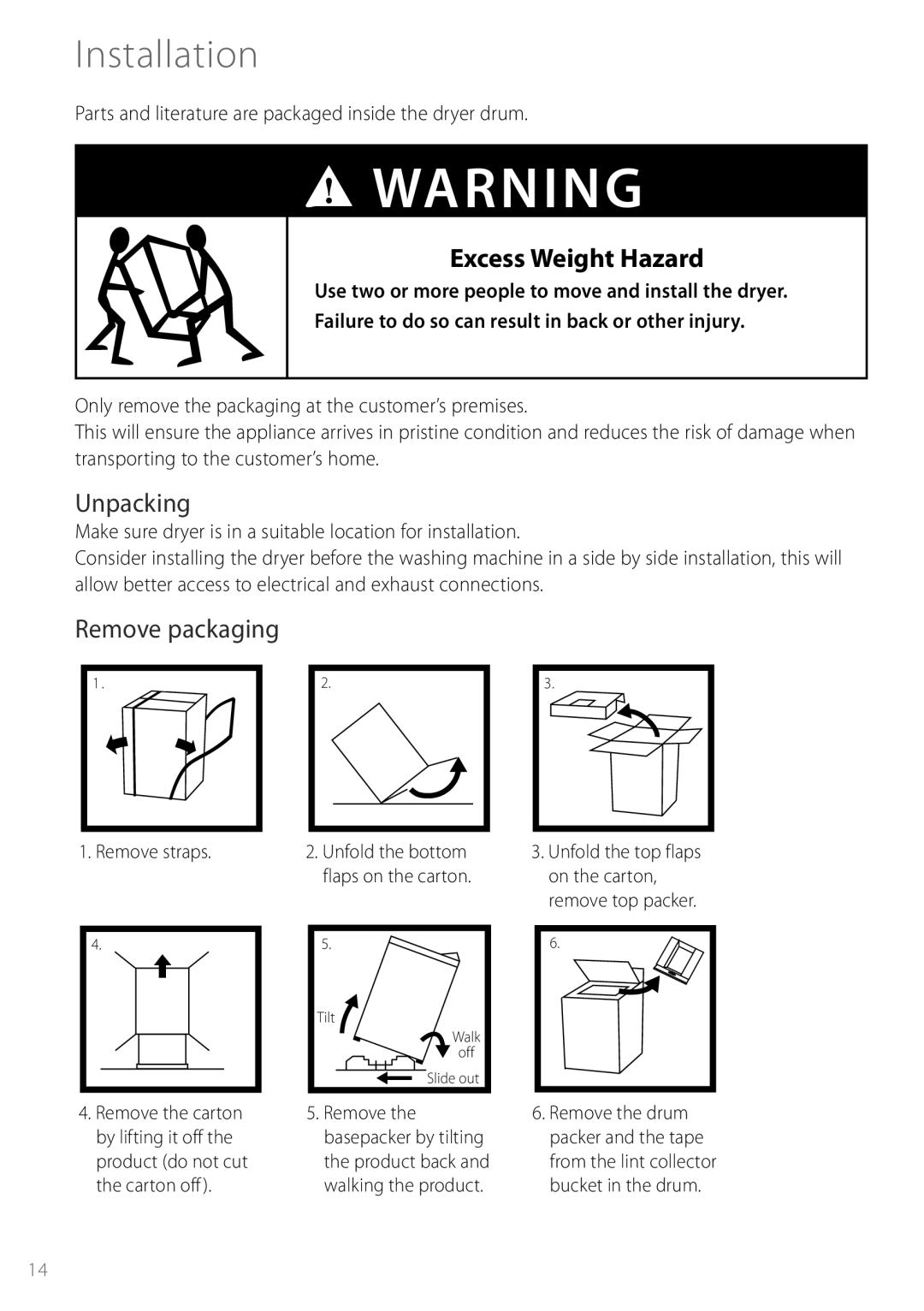 Fisher & Paykel DEGX1US installation instructions Installation, Excess Weight Hazard, Unpacking, Remove packaging 