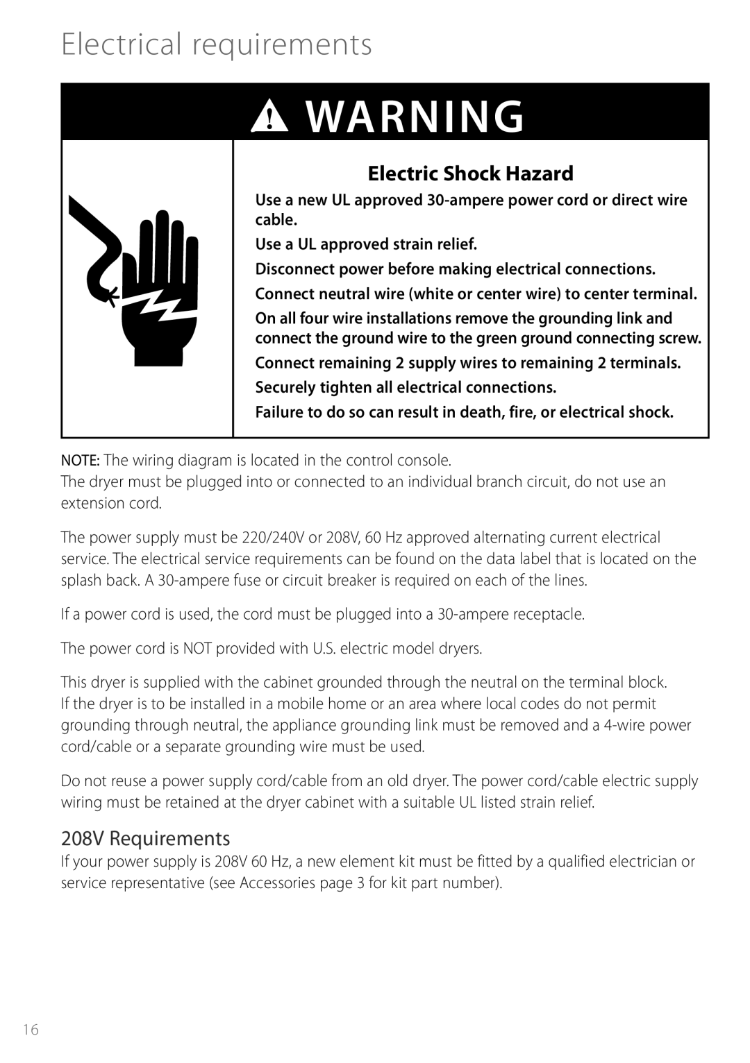 Fisher & Paykel DEGX1US installation instructions Electrical requirements, Electric Shock Hazard, 208V Requirements 