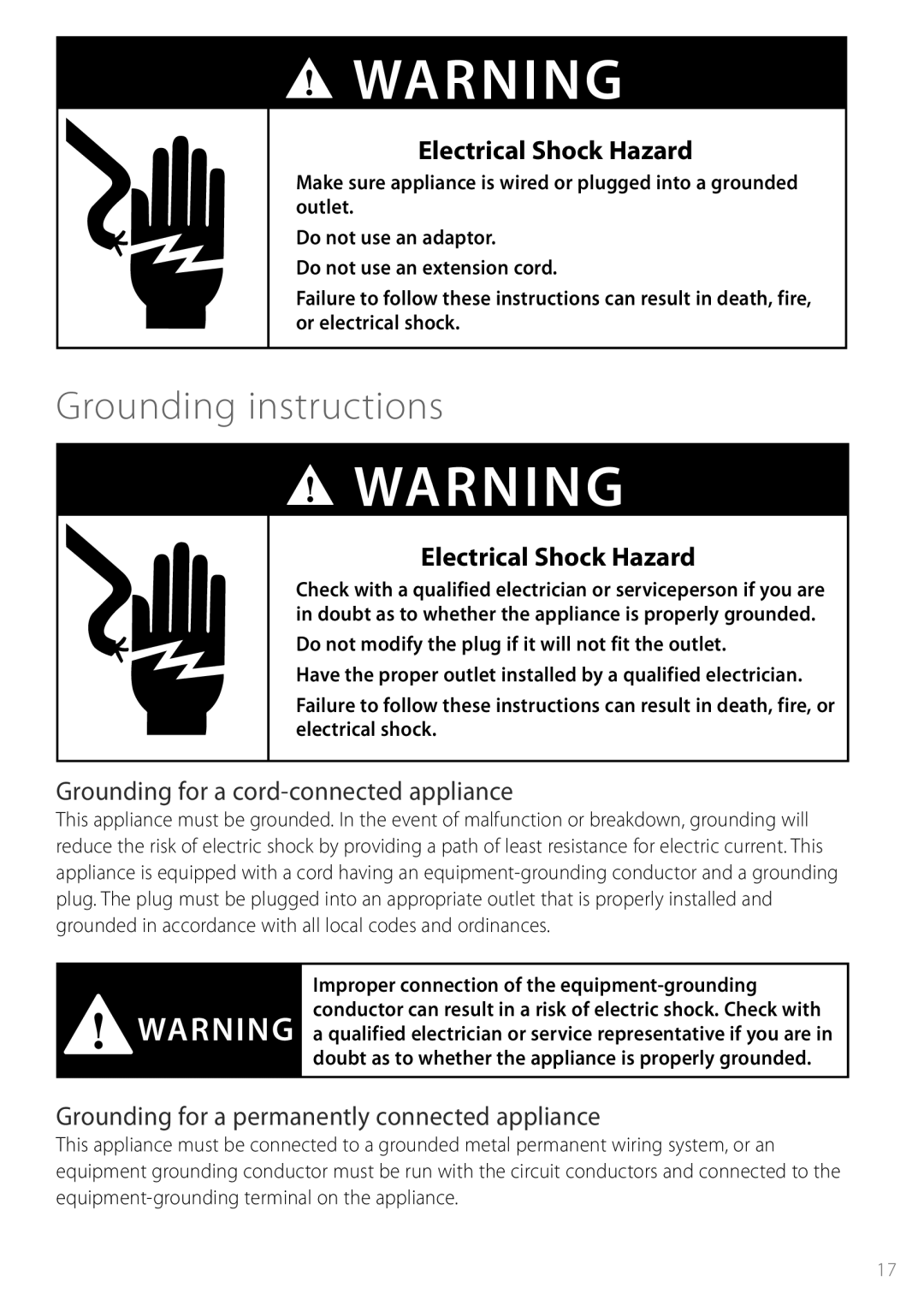 Fisher & Paykel DEGX1US Grounding instructions, Electrical Shock Hazard, Grounding for a cord-connected appliance 