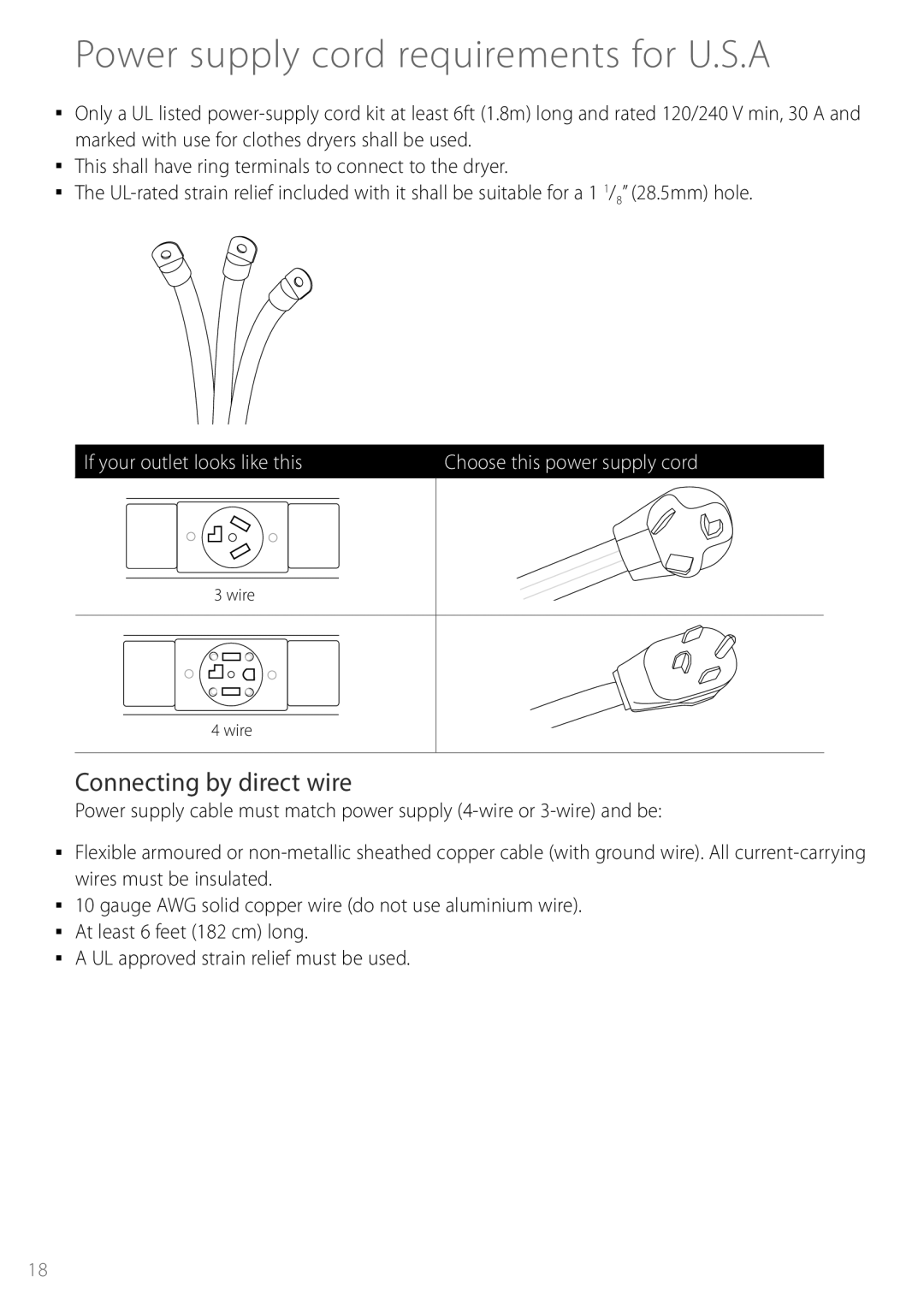 Fisher & Paykel DEGX1US installation instructions Power supply cord requirements for U.S.A, Connecting by direct wire 