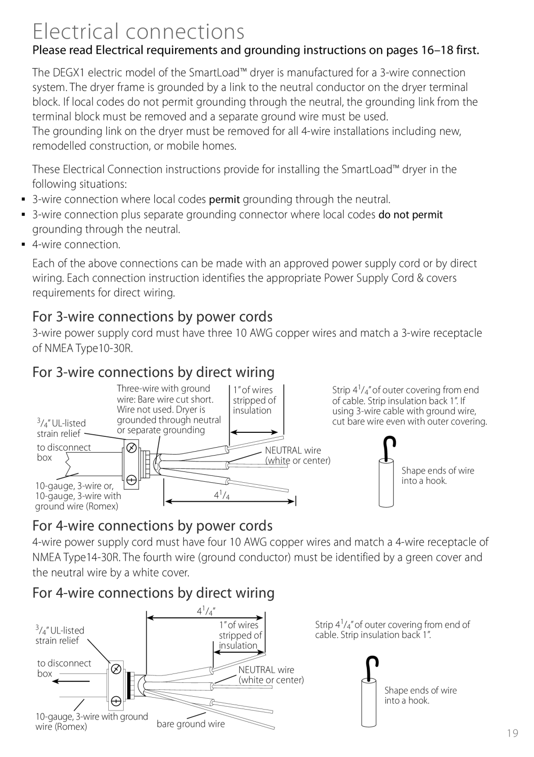 Fisher & Paykel DEGX1US installation instructions Electrical connections, For 3-wire connections by power cords 