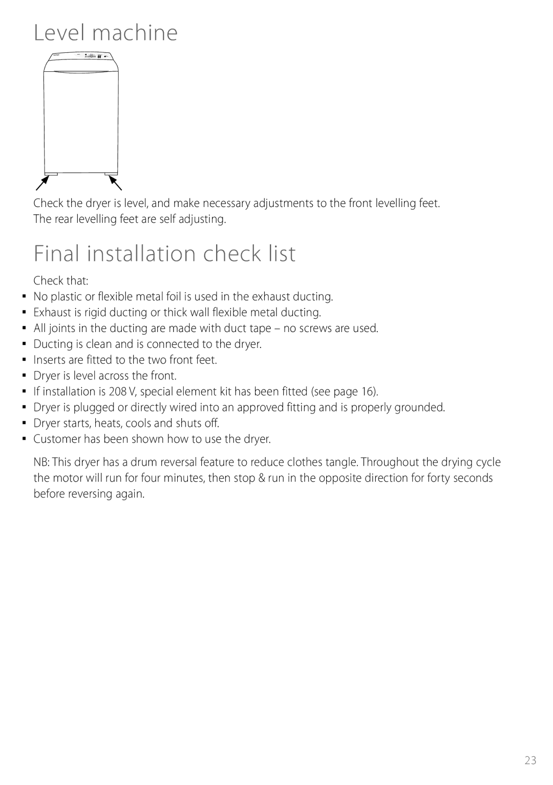 Fisher & Paykel DEGX1US installation instructions Level machine, Final installation check list 