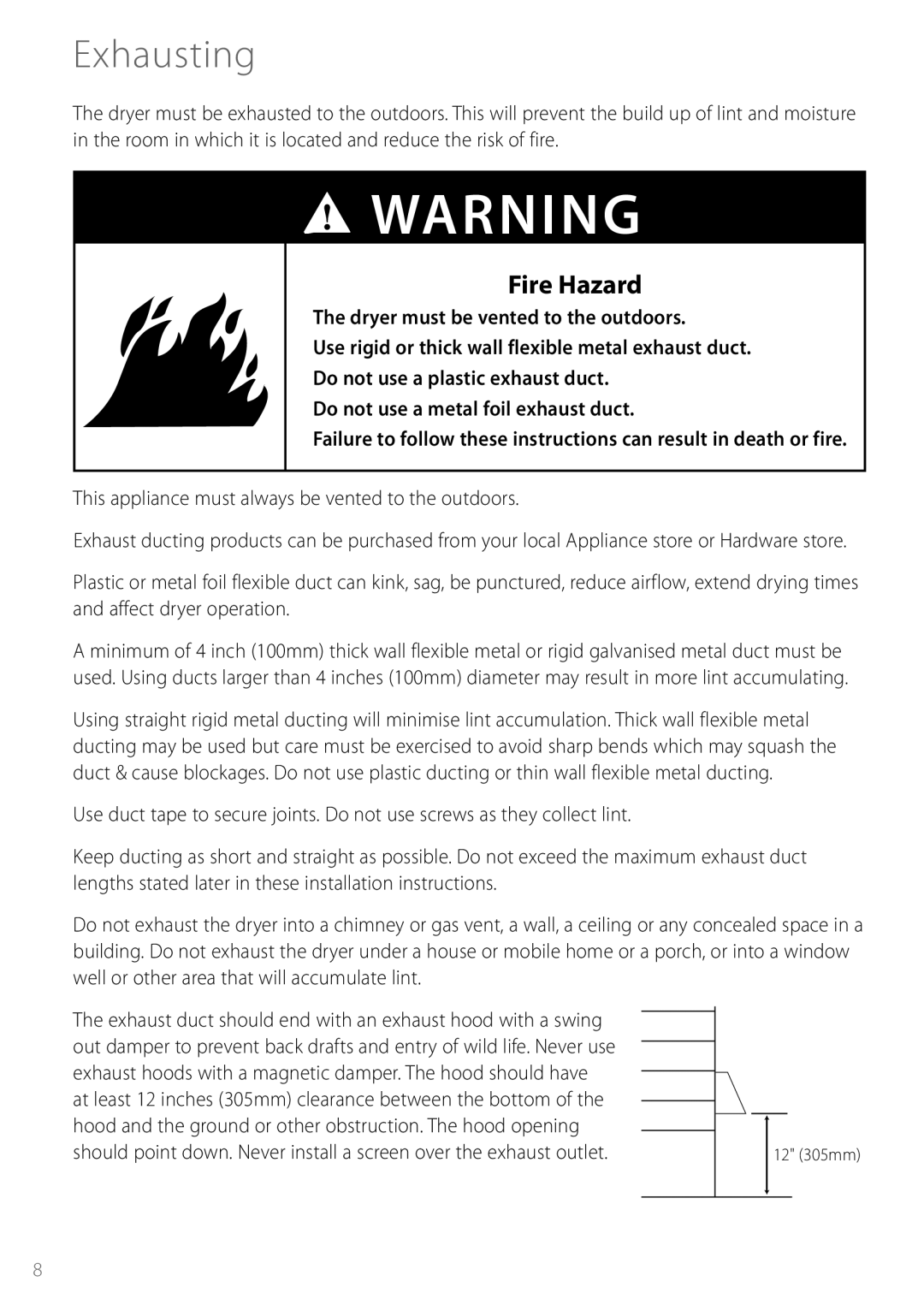 Fisher & Paykel DEGX1US installation instructions Exhausting, Fire Hazard 