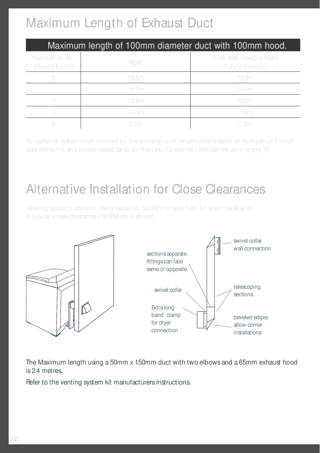 Fisher & Paykel DEIX1 Alternative Installation for Close Clearances, Maximum length of 100mm diameter duct with 100mm hood 